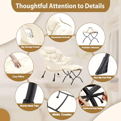 Youtanic Lazy Chair with Folding Ottoman, Accent Chair Velvet Upholstered with Metal Structure and Non-Slip Pads, Sofa Armchair with Footrest and Side Storage Bag for Dorm, Room, Office, Beige - color: Beige