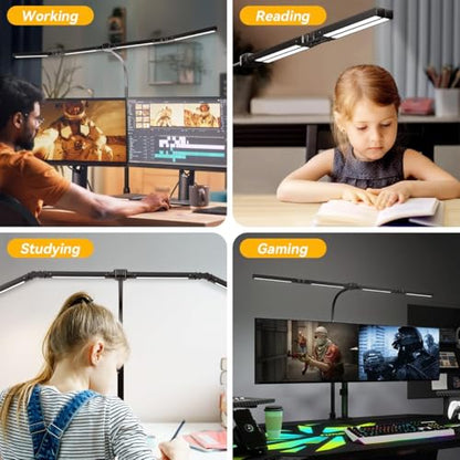 Adjustable LED Desk Lamp with Clamp, 4-Head Eye-Caring CRI95+ Desk Light, Stepless Dimming & Color Temp Remote Control, Flexible Neck, 5-Mode for Reading, Computer, Crafting, 90" Wide Desk Coverage - color: Black
