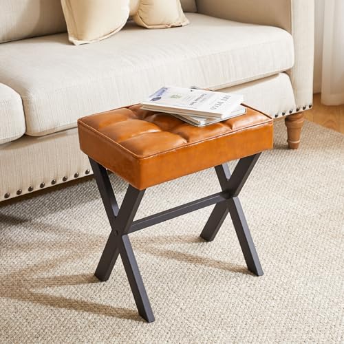 IBUYKE Square Makeup Stool with X-Leg, PU Vanity Chair, Light Brown LG-71J | Footrest Ottoman Seat Multi-Use Small Side Table Bedroom Living Room - color: Light Brown, size: 17.72"-Leather