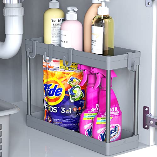 Simple Houseware 2-Tier Under Sink Organizer Storage Tray with Hooks, Grey - color: Grey