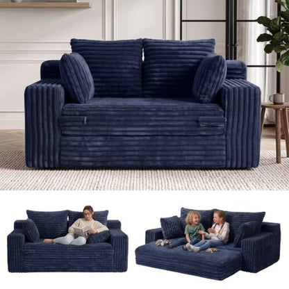 3-in-1 Convertible Sofa Bed: Boneless Loveseat Sleeper & Folding Couch Bed with 4 Pillows & Detachable Cushion,Furry Futon Couch for Bedroom,Apartment,Office and Living Room, No Assembly,Blue - color: Blue, size: Loveseat Sofa
