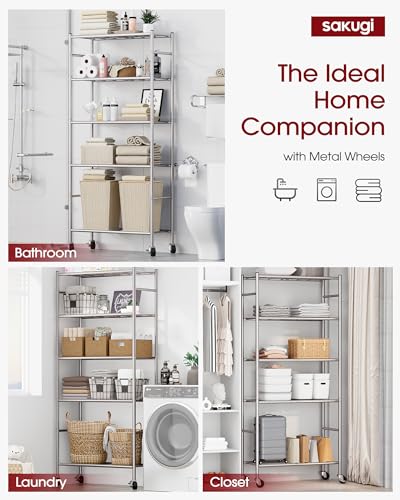 Sakugi 5-Tier Storage Shelves 33.1" x12.6' x73.5 Silver with Wheels | Kitchen, Closet, Pantry, Garage, Heavy Duty, Adjustable Feet, Metal Construction - color: Silver, size: 33.1W x 12.6D x 73.5H(5T)