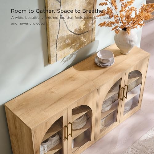 Glass Arched Door Sideboard Buffet Cabinet Set of 2, Natural Oak | Modular, Multi-Compartment Storage, Adjustable Shelf, Soft Close Hinges, Freestanding, for Dining Room, Living Room - color: Natural Oak