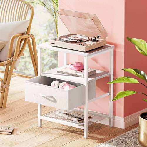 Huuger Night Stand with Fabric Drawer, Side Table with Mesh Shelf, Bedroom Nightstand, Fabric Drawer Dresser, Open Shelf, Metal Frame, Couch Side, White | Bedroom Nightstand, Fabric Drawer Dresser, Open Shelf, Metal Frame, Couch Side, White - color: White