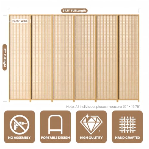 6 Panel Bamboo Room Divider, Folding Privacy Screen, Natural | Pine wood frame, dual-action stainless steel hinges, 5.6FT tall, extends to 94.5 inches wide, no assembly - color: Natural, size: 6 Panel