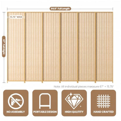 6 Panel Bamboo Room Divider, Folding Privacy Screen, Natural | Pine wood frame, dual-action stainless steel hinges, 5.6FT tall, extends to 94.5 inches wide, no assembly - color: Natural, size: 6 Panel