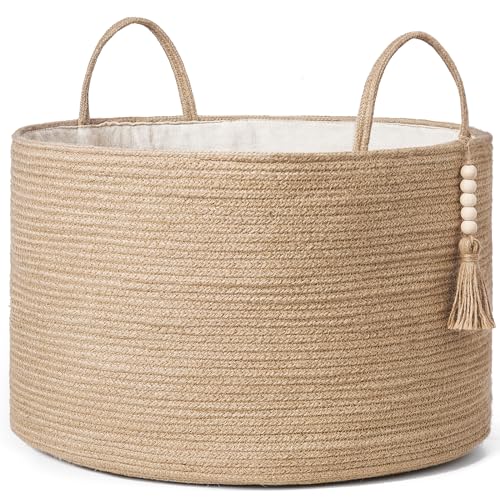 Mkono Woven Storage Basket for Blanket, Toys Plant Organizer, 22"W x 13.8"L | Brown, Jute, Decorative Basket with Handle, Wood Beads Tassel, Shoes Towel Clothes Storage Bin, Living Room Bedroom Nursery - color: Brown, size: 21.7" W × 13.8"L