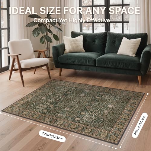 4x6 Washable Area Rug for Living Room, Dark Green Brown | Vintage Distressed Floral, Spill Resistant, Lightweight Low Pile Non-Shedding Carpet for Bedroom, Dining Room and Office - color: Dark Green Brown, size: 4' x 6' (Rectangular)