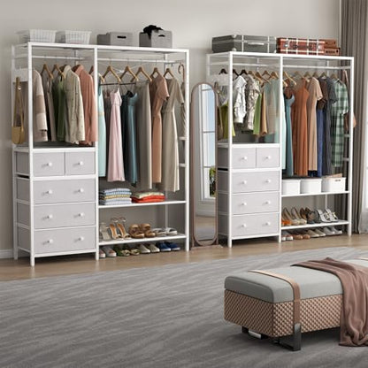 Freestanding Clothes Rack with 5 Drawers & 4 Storage Shelves,2 Hanging Rods | 59.1" W*70.9" H Heavy Duty Clothing Rack, Wardrobe Closet Organizer System with 5 Hooks, Garment Rack (White) - color: White
