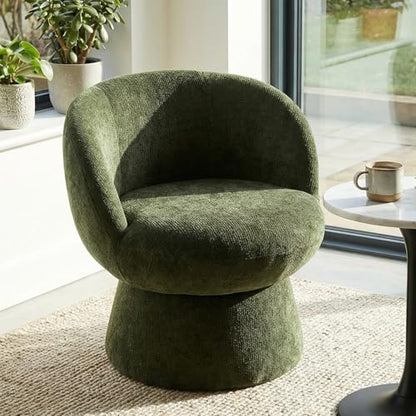 360° Swivel Accent Chair with Curved Back, Modern Green Chenille Upholstered Round Barrel Chair, Bucket Vanity Armchair for Small Space,Living Room, Bedroom - color: Green 02, size: 1 Chair