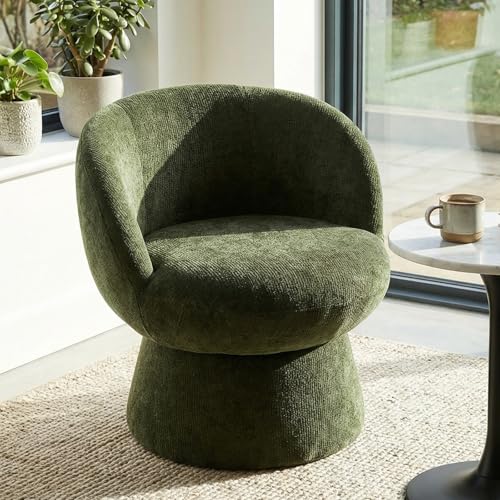 360° Swivel Accent Chair with Curved Back, Modern Green Chenille Upholstered Round Barrel Chair, Bucket Vanity Armchair for Small Space,Living Room, Bedroom - color: Green 02, size: 1 Chair