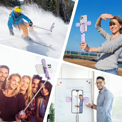 MQOUNY Mini iPhone Tripod Stand & Selfie Stick with Wireless Remote & Removable Light, Extendable Stand 360 Rotation Compatible with iPhone & Android Samsung (Purple) - color: Purple