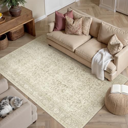 Beige Small Area Rug 4x5 Vintage Traditional Distressed | Washable, Non Slip, Soft Low Pile, Indoor Carpet for Entryway, Kitchen, Bathroom, Farmhouse Decor - color: Accent Beige, size: 4' x 5' (Rectangular)