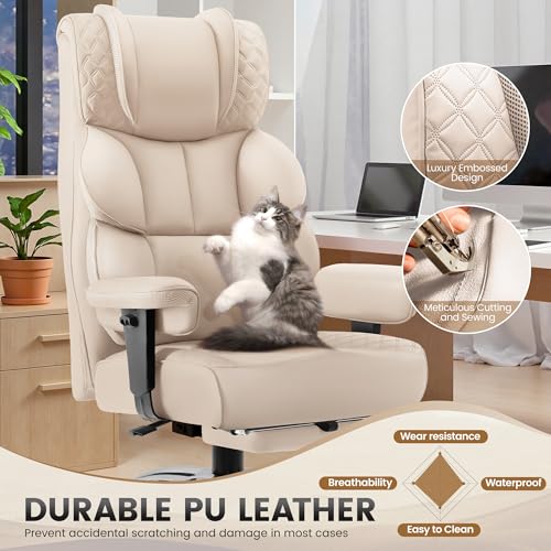 BestGlory Office Desk Chair, Big and Tall Leather Gaming Chair with Footrest, Wide Ergonomic Comfy Executive High-Back Reclining Computer Chairs, Swivel Rolling Wheels and Padded Lumbar Support, Beige - color: Beige, style: 3 Position Reclining