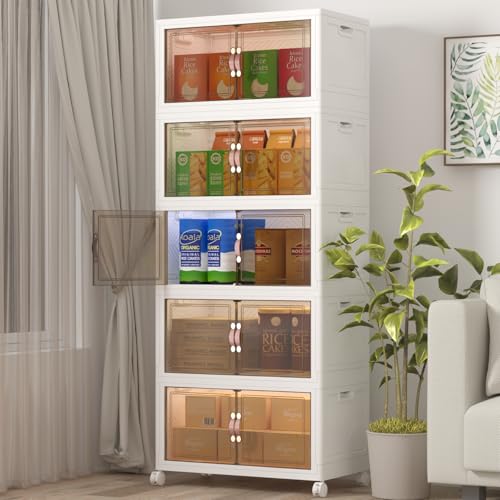 600QT Stackable Storage Bins with Lids,Doors & Wheels | Closet Organizers and Storage Cabinet, Lockable Plastic Foldable Drawers for Bedroom Dorm Office Garage（120QT*5,White） - color: White, size: 25.6"L