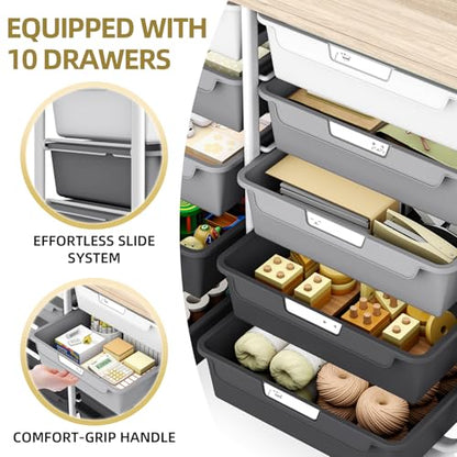 10 Drawer Rolling Storage Cart with Wood Top for Classroom Crafts Grey | Easy Setup, Large Capacity, Sturdy Build, Lockable Mobility, For office, classroom and home supplies - color: Grey