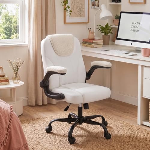 Comfortable Home Office Chair for Long Hours Sitting, Ergonomic Desk Chair with Teddy Fleece & PU Leather, Adjustable Swivel Computer Chair for Work from Home, Bedroom and Vanity Space, White - color: Two-tone Off White