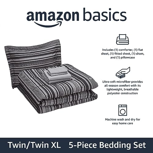 Amazon Basics 5-Piece Lightweight Microfiber Comforter Set with Sheets, Bed-in-a-Bag, Gray Calvin Striped Bedding, Twin/Twin XL - color: Gray Calvin Stripe, size: Twin/Twin XL, style: 1-Pack