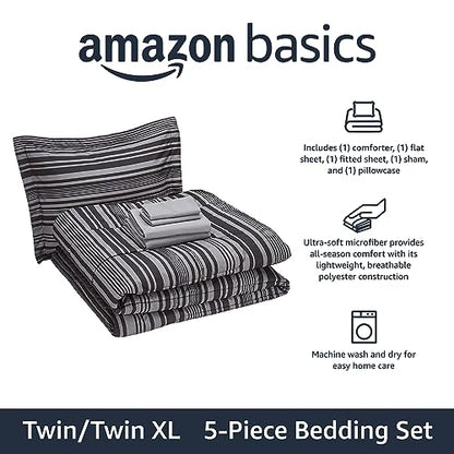 Amazon Basics 5-Piece Lightweight Microfiber Comforter Set with Sheets, Bed-in-a-Bag, Gray Calvin Striped Bedding, Twin/Twin XL - color: Gray Calvin Stripe, size: Twin/Twin XL, style: 1-Pack