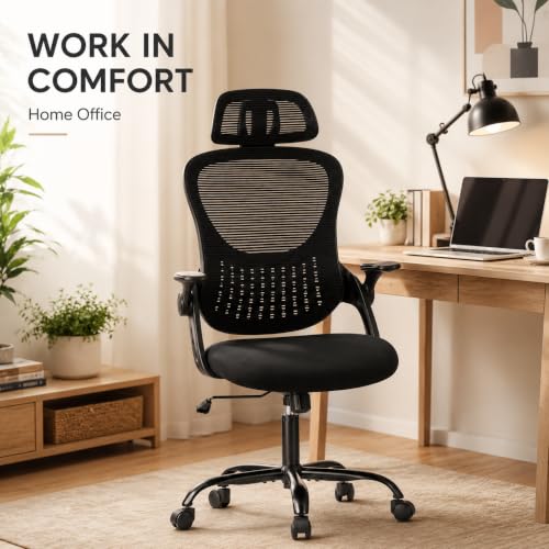 Black Ergonomic Office Chair, High Back Mesh Desk Chair with Adjustable Headrest Lumbar Support, Computer Chairs with Flip-up Armrests and Thickened Cushion for Adults Home Office, 360° Swivel - color: Black With Headrest
