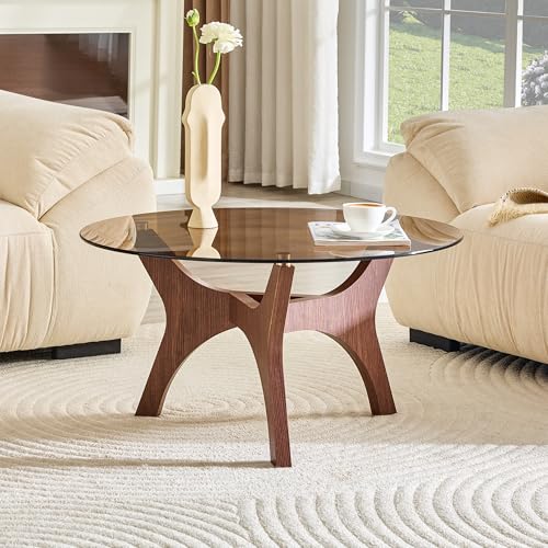 31.5" Round Glass Coffee Table, Walnut Modern Coffee Table with Brown-Tinted Tempered Glass Top, 3-Leg Geometric Base Accent Table for Living Room, Small Space - color: Walnut, size: 31.5" 3-Leg Geometric Base