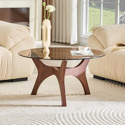 31.5" Round Glass Coffee Table, Walnut Modern Coffee Table with Brown-Tinted Tempered Glass Top, 3-Leg Geometric Base Accent Table for Living Room, Small Space - color: Walnut, size: 31.5" 3-Leg Geometric Base