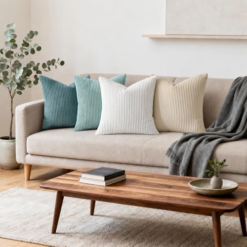 Mecatny 코듀로이 장식용 쿠션 커버 40.6x40.6cm(16x16인치) 아쿠아 2개 | 부드러운 스트라이프 질감, 숨겨진 지퍼 디자인, 소파 소파 거실 침실, 홈 데코용 뉴트럴 보헤미안 스퀘어 베개 커버 - color: 아쿠아, size: 16" x 16" (Pack of 2)