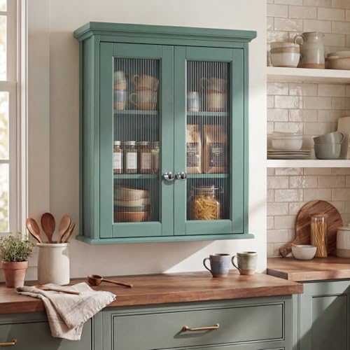Over The Toilet Storage Cabinet, Bathroom Cabinet Wall Mounted with Built-in Level, Medicine Cabinet with Fluted Glass Doors, Wall Cabinet for Bathroom, Kitchen, Laundry Room, Halcyon Green - color: Halcyon Green