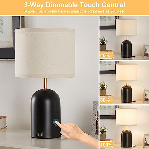 Touch Control Table Lamps Set of 2, Modern Bedside Lamp with 2 USB Ports, Dimmable Gold and Black Nightstand Lamp with Fabric Shade for Living Room Bedroom Office Dorm(LED Bulbs Included) - color: Gold & Black, size: 18"