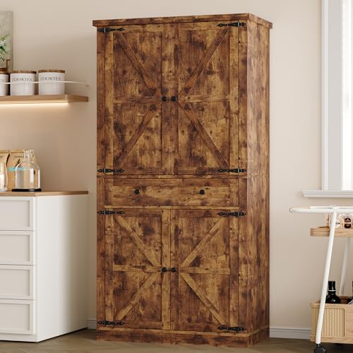 BORNOON Pantry Organizers and Storage Cabinet, 67.71” Barn Door White Kitchen Cabinet with Drawers and Adjustable Shelf, Tall Pantry for Kitchen, Dining Room, Living Room - color: Brown, size: Single Drawer