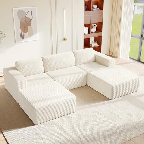 Vesgantti 119" Oversized U-Shaped Modular Sectional Sofa, Corduroy Cloud Couch with Deep Seating & Spring Support, Convertible Sofa with 2 Ottomans, Boneless Couch, No Assembly Required, Beige - color: 119" - 3 Seater & 2 Ottoman Beige
