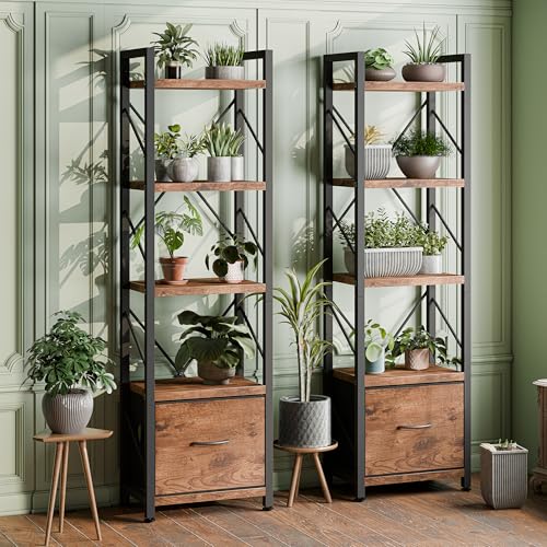 Shintenchi Bookshelf, 5 Tier Bookcase with Drawer, Modern Tall Bookshelves Storage Organizer, Industrial Book Shelves for Bedroom, Living Room, Office, Rustic Brown - size: 15.5'' W x 10.7'' D x 56.1'' H-1 Drawer