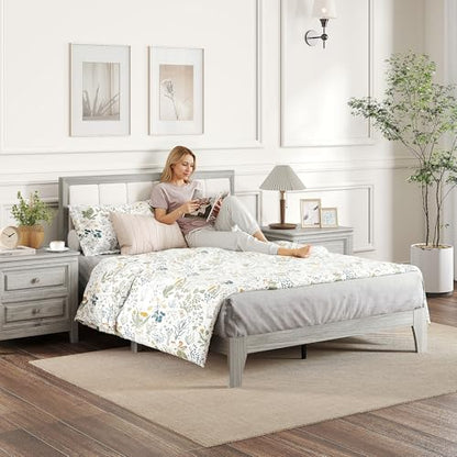 HOMCOM Full Size Bed Frame, Upholstered Headboard, Wooden Slats, Gray | Platform Bed Frame, No Box Spring Needed, Easy Assembly - size: Full