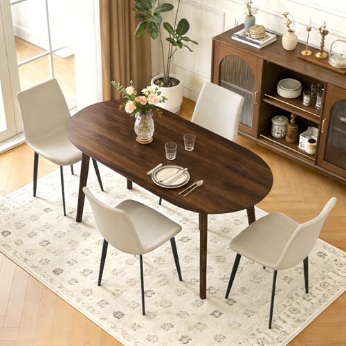 63" Oval Dining Table Set for 4 with Solid Wood Legs | 5 Piece Walnut Dining Table Set for Kitchen and Dining Room Furniture, 4 PU Beige Dining Chairs, Mid Century Modern - color: Walnut Table Beige Chairs
