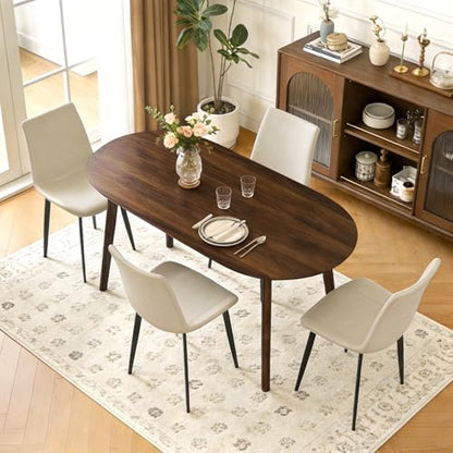 63" Oval Dining Table Set for 4 with Solid Wood Legs | 5 Piece Walnut Dining Table Set for Kitchen and Dining Room Furniture, 4 PU Beige Dining Chairs, Mid Century Modern - color: Walnut Table Beige Chairs