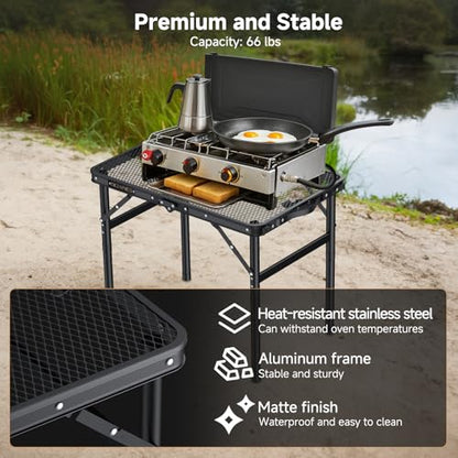 Folding Camping Table, 22.8"x15.7" Picnic Table, 3 Adjustable Height | 2-Fold Mesh Black Aluminum, Handle for Party Dining Garden Patio, Max 27.5" Folding Table
