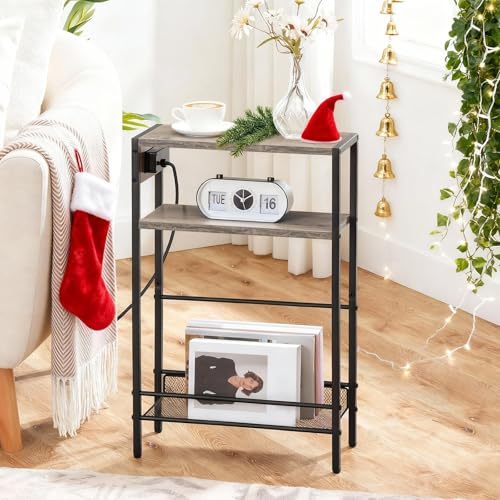 HOOBRO Small Narrow Side Table with Charging Station, Skinny End Table for Small Spaces, Slim Nightstand with USB Ports Outlet, Sofa Beside Table with Storage Shelf, Greige and Black BG102UBZ01 - color: Greige + Black