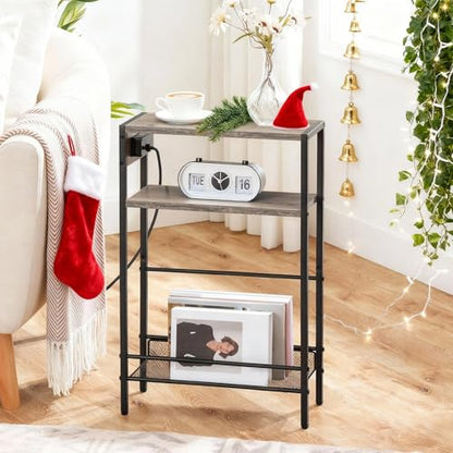 HOOBRO Small Narrow Side Table with Charging Station, Skinny End Table for Small Spaces, Slim Nightstand with USB Ports Outlet, Sofa Beside Table with Storage Shelf, Greige and Black BG102UBZ01 - color: Greige + Black
