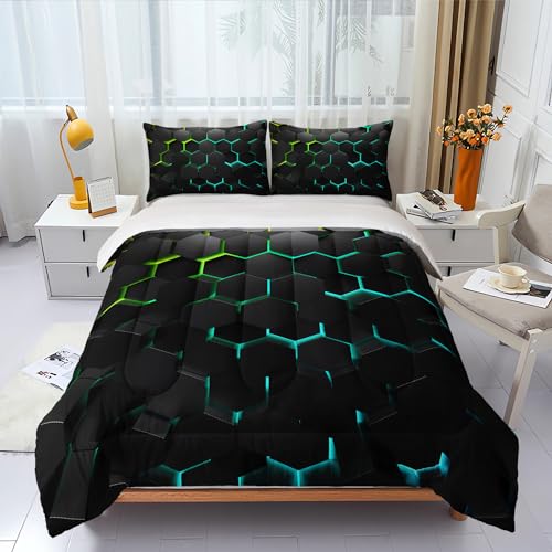 Geometric Green Black Neon Comforter Set,Light Honeycomb 3 Piece Bedding Set Twin for Teen Boys,Modern Bedding Quilt Set Geometry Decor,Microfiber Lightweight 1 Comforter 2 Pillowcases All Season - color: Geometric Green Black Neon, size: Twin