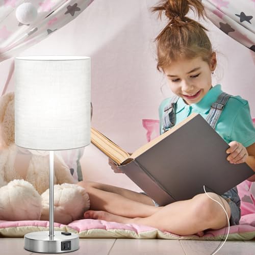 Set of 2 Grey Touch Control Table Lamps with 2 USB Ports & AC Outlet, 3-Way Dimmable Bedside Nightstand Lamps, Desk Lamp for Bedroom Living Room Nursery, 800 Lumens 5000K Daylight Bulbs Included - color: (2 Pack)Gray & Brushed Nickel(Base)-5000K Bulbs Inc