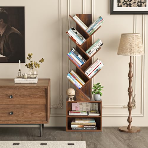 SHEEPAM 10-Tier Tree Bookshelf Floor Standing Narrow Space Storage Bookcase | Wood Tree Book Rack; Tall Storage For Bedroom, Living Room & Home Office; Compact Floor Organizer For Books & Small Decor - color: Retro Brown, size: 10 Tier
