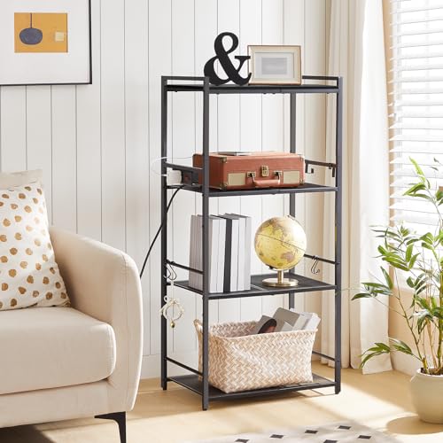 MAHANCRIS Bakers Rack with Power Outlet, Microwave Stand with Hooks, Multifunctional Storage Rack, Coffee Bar with Enclosure, Kitchen Storage Shelf, for Kitchen, Dining Room, Black BRHB40E01 - color: Black