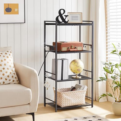 MAHANCRIS Bakers Rack with Power Outlet, Microwave Stand with Hooks, Multifunctional Storage Rack, Coffee Bar with Enclosure, Kitchen Storage Shelf, for Kitchen, Dining Room, Black BRHB40E01 - color: Black