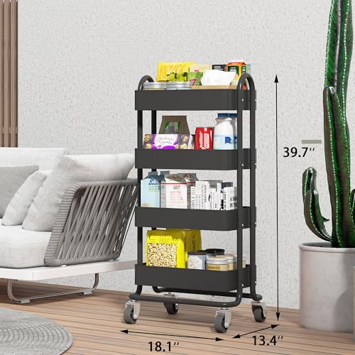 4-Tier Metal Rolling Cart with Wheels,4 Tier Utility Cart with Wheels for Office,Home,Kitchen,Garden（13.4"x18.1"x40"） Black - color: Black, size: 40"H
