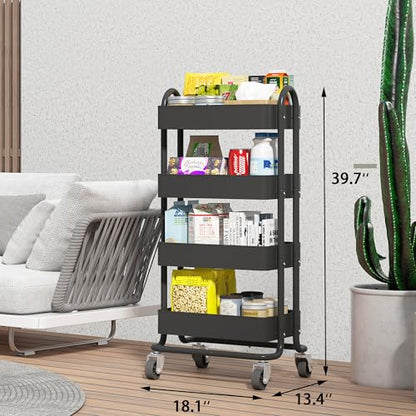 4-Tier Metal Rolling Cart with Wheels,4 Tier Utility Cart with Wheels for Office,Home,Kitchen,Garden（13.4"x18.1"x40"） Black - color: Black, size: 40"H