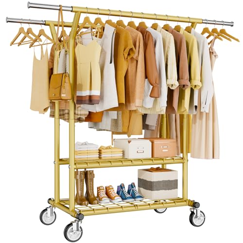 HYSEYY Heavy Duty Clothes Rack, Rolling Clothing Racks With Shelves Load 620 LBS, Double Rod Clothing Racks for Hanging Clothes, Portable& Adjustable Clothes Rack with Wheels Garment Rack,Gold - color: Gold