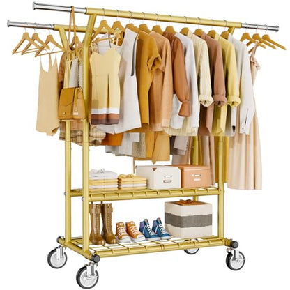 HYSEYY Heavy Duty Clothes Rack, Rolling Clothing Racks With Shelves Load 620 LBS, Double Rod Clothing Racks for Hanging Clothes, Portable& Adjustable Clothes Rack with Wheels Garment Rack,Gold - color: Gold