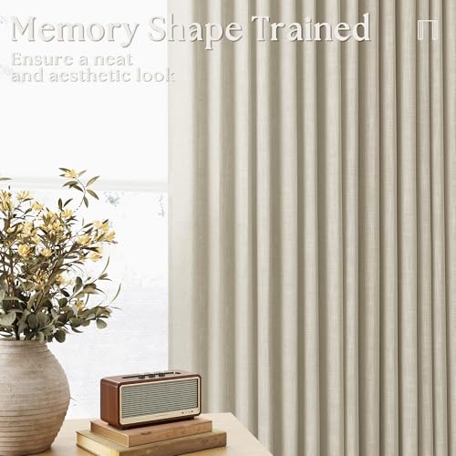 92 Inch Beige Linen Curtains 2 Panels Set Pinch Pleated for Living Room Bedroom Memory Training Shaped Semi Sheer Neutral Tan Flax Burlap Pleat Drapes Hooks Rings Light Filtering Window Curtain - color: Linen, size: 40"W x 92"L (Pack of 2)