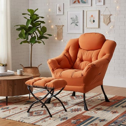 Welnow Lazy Chair with Ottoman, Reading Chair with Footrest，Orange | A Side Pocket,Armrests,Foldable Footrest,Thick Cushioned Seat & Backrest, Lounge Chair for Bedroom,Living Room & Small Space - color: Orange