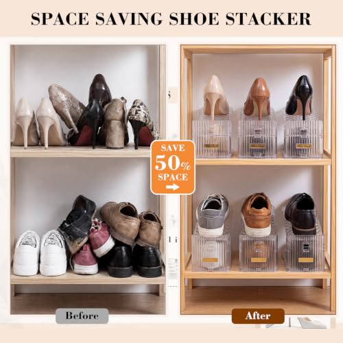 Briwooody 40 Pack Clear Shoe Slot Organizer, 2-Level Adjustable Shoe Stacker for Closet Organization, Plastic Shoes Space Saver Rack Holder for Sneakers, Heels, Flats and Slippers